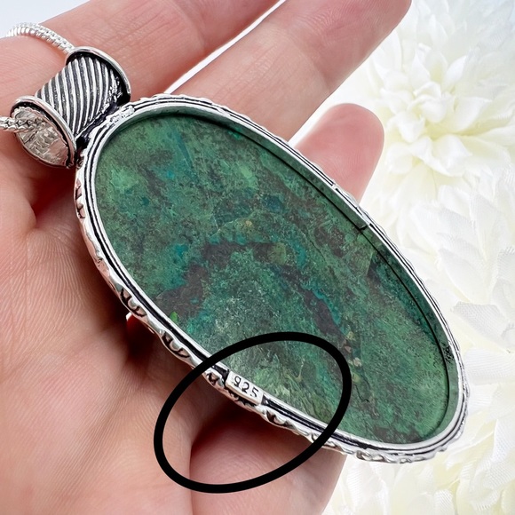 Large Chunky Chrysocolla Pendant Necklace Sterling Silver 925 Vintage Style New - Picture 5 of 7
